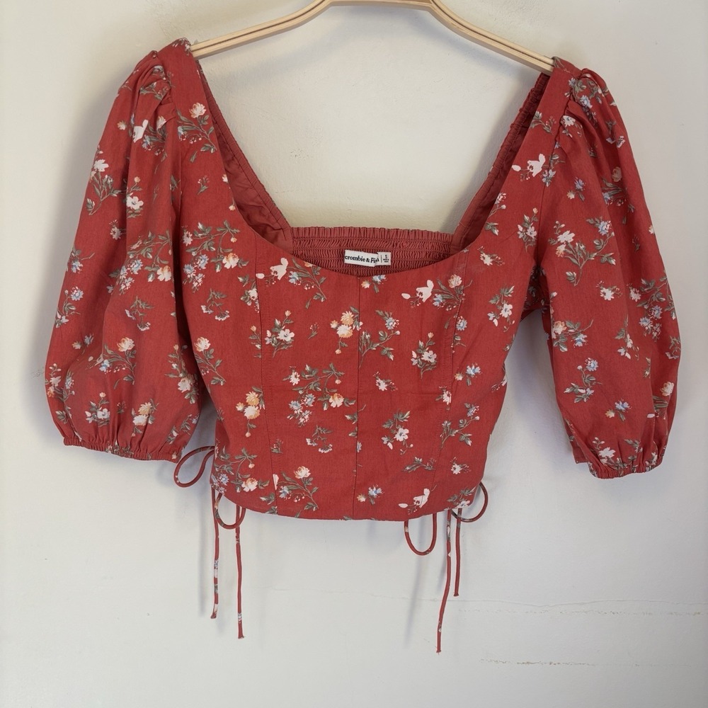 Abercrombie Women's Blouse Orange Puff Sleeve Cottagecore Tie Sides S Floral